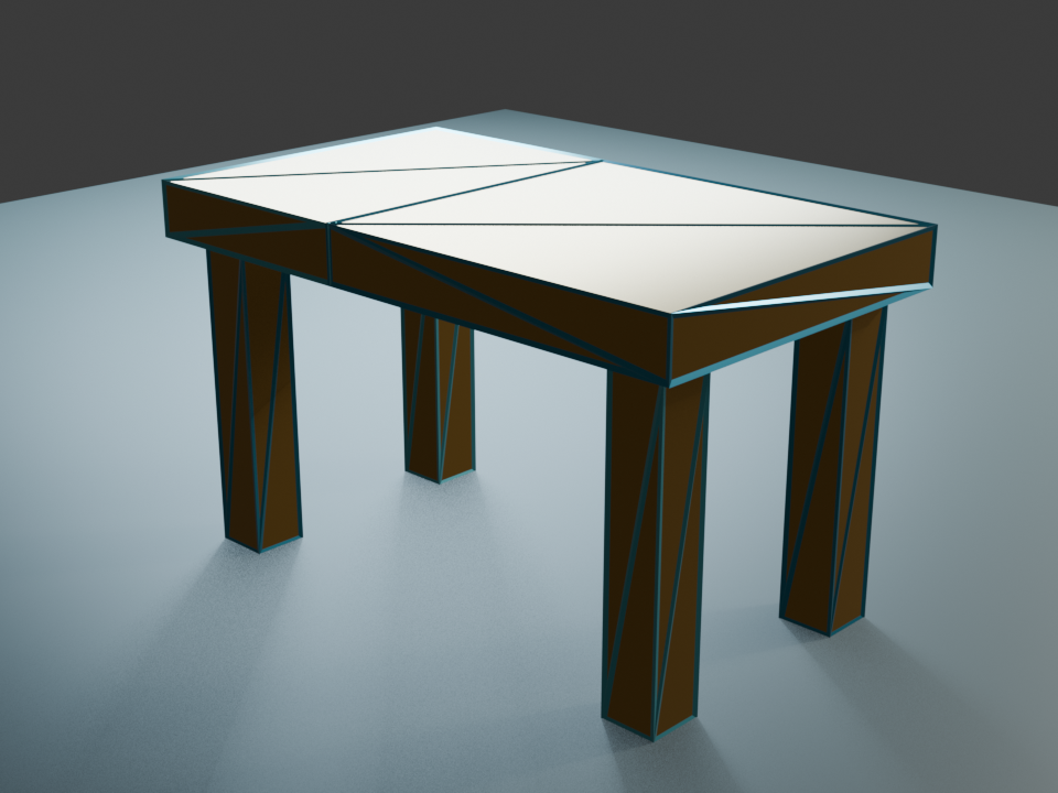 Block table covered by separate steel-blue VHACD convex parts that follow the top and each leg